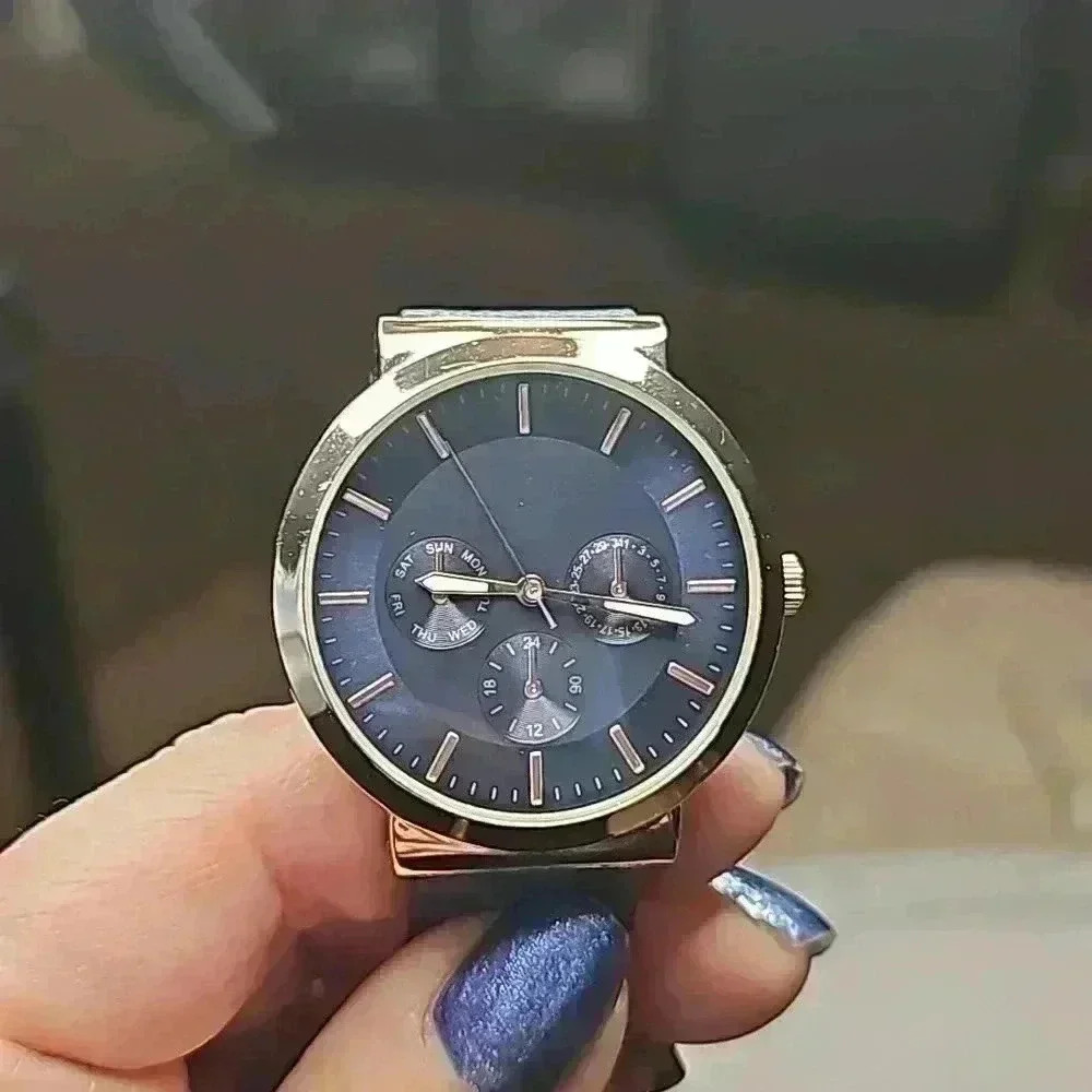 Women's Navy and Rose Gold Three Eye Style Round Faced Faux Leather Strap Watch